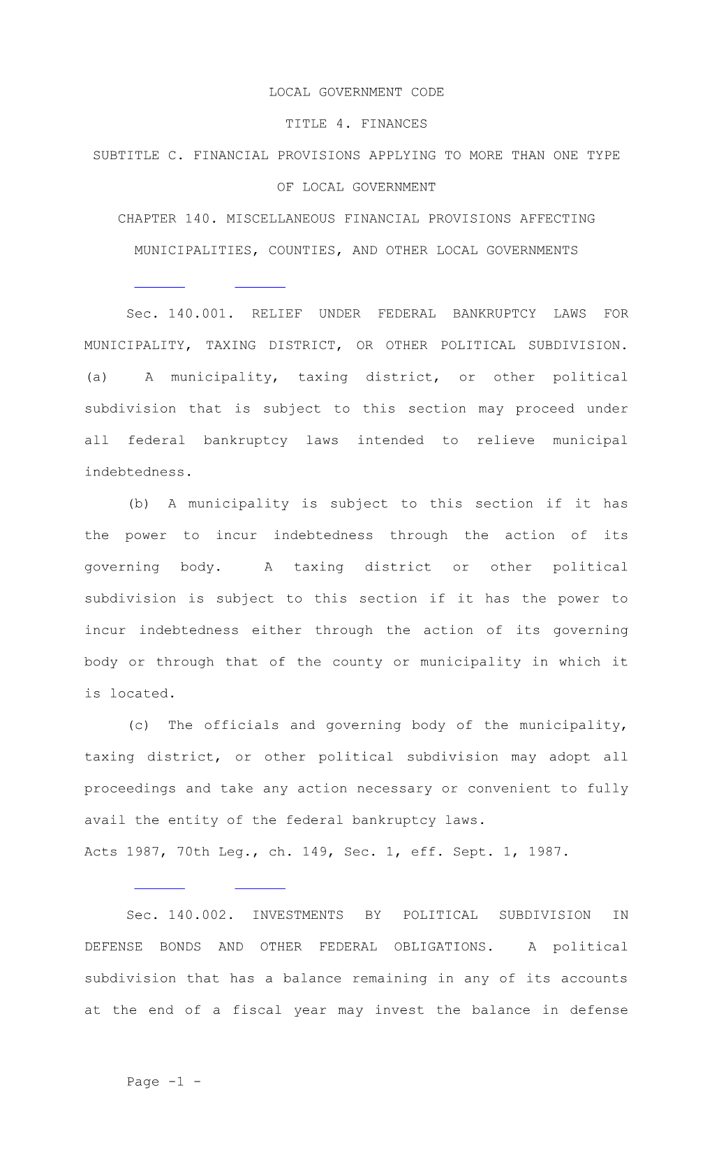 Subtitle C. Financial Provisions Applying to More Than One Type of Local Government