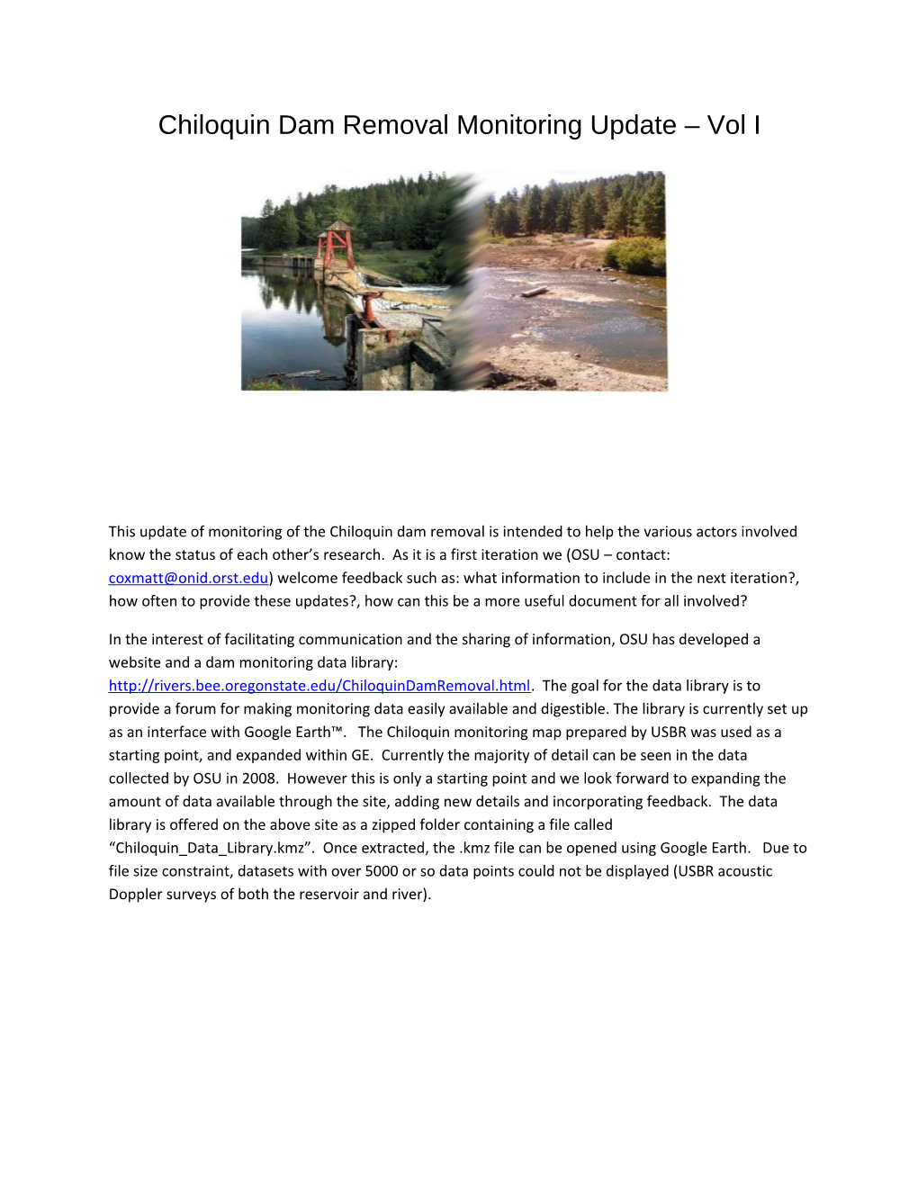 Chiloquin Dam Removal Monitoring Update Vol I