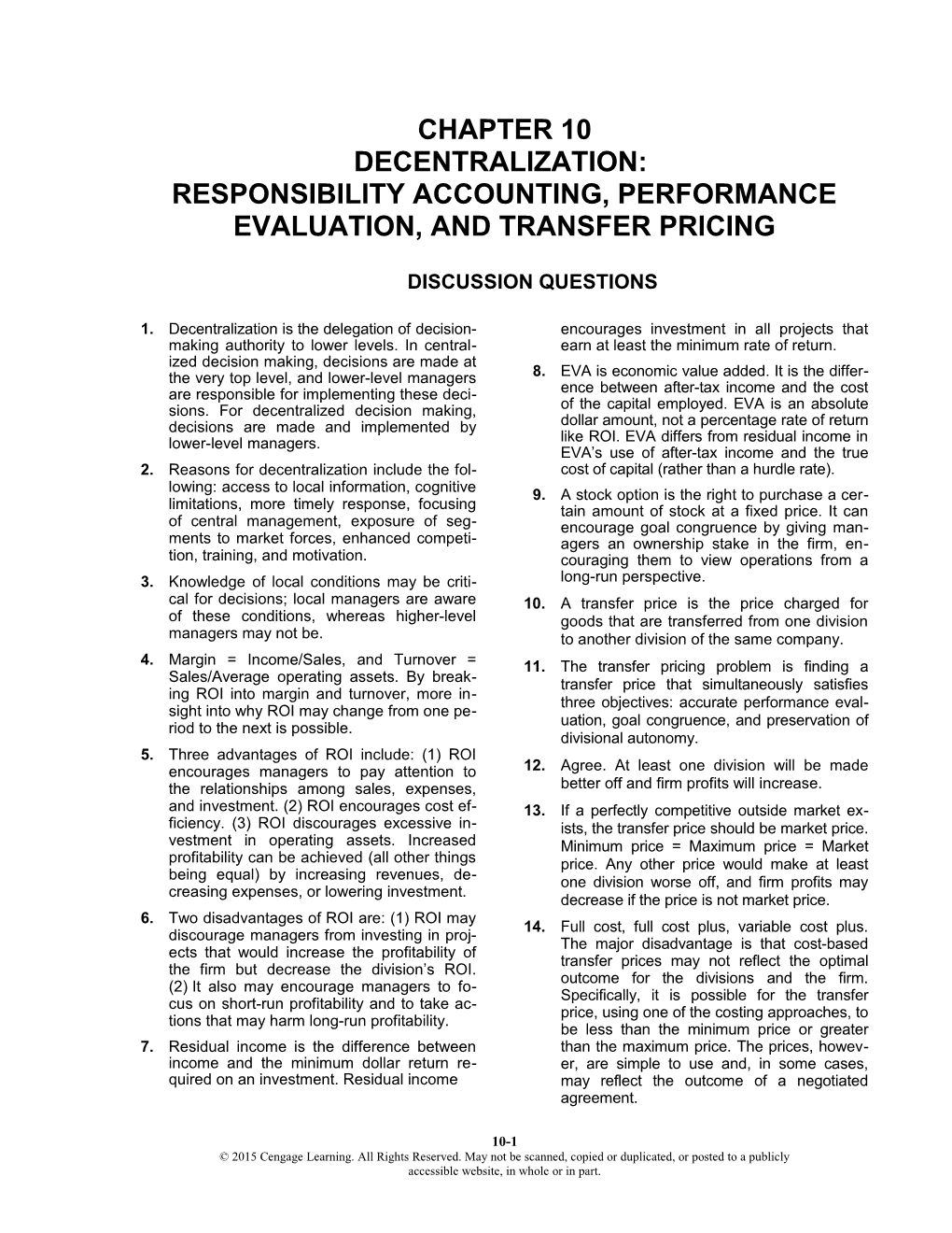 Responsibility Accounting, Performance Evaluation, and Transfer Pricing