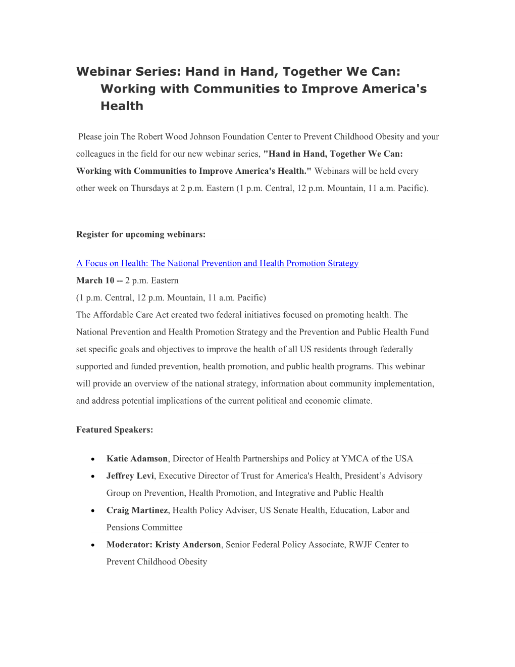 Webinar Series: Hand in Hand, Together We Can: Working with Communities to Improve America's