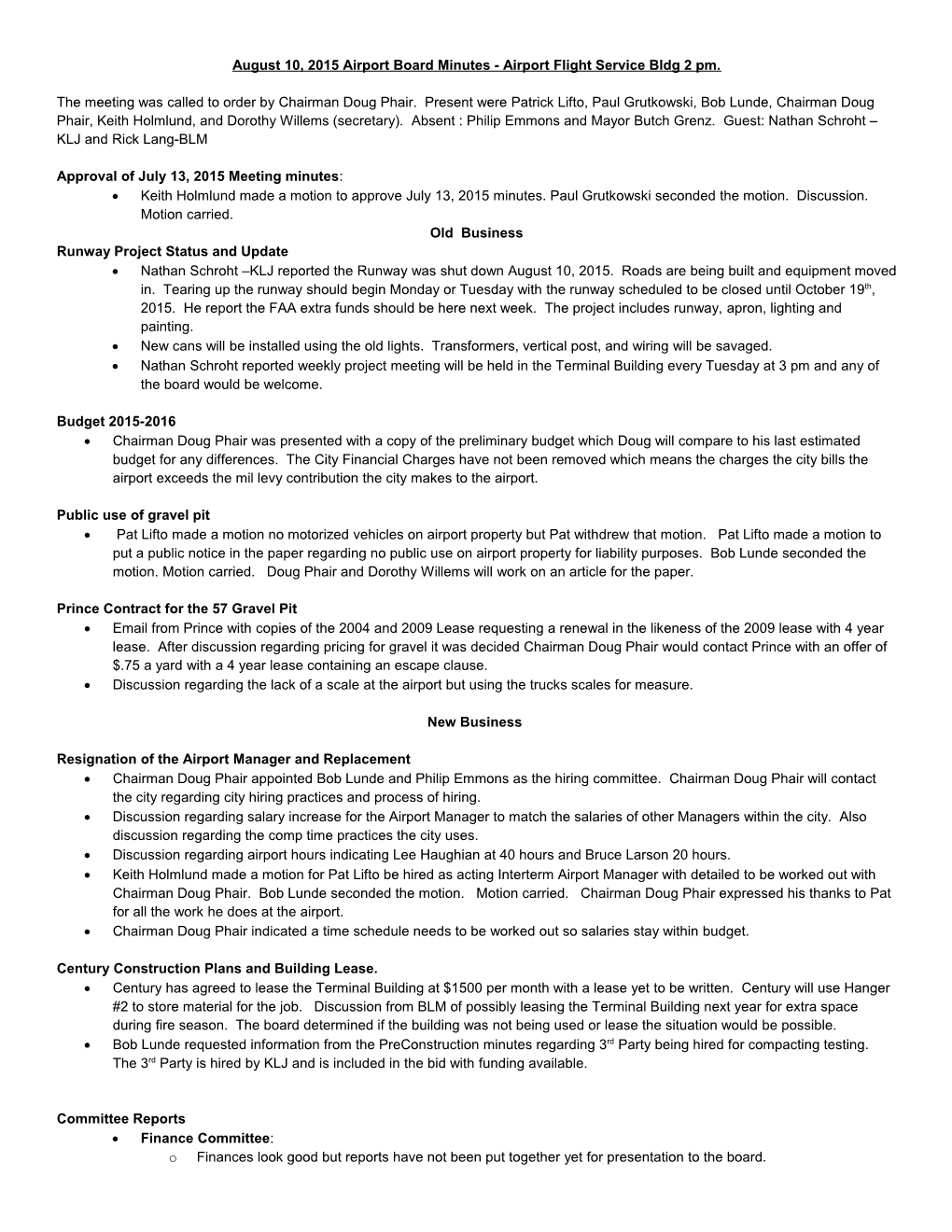 August 10, 2015 Airport Board Minutes- Airport Flight Service Bldg 2 Pm