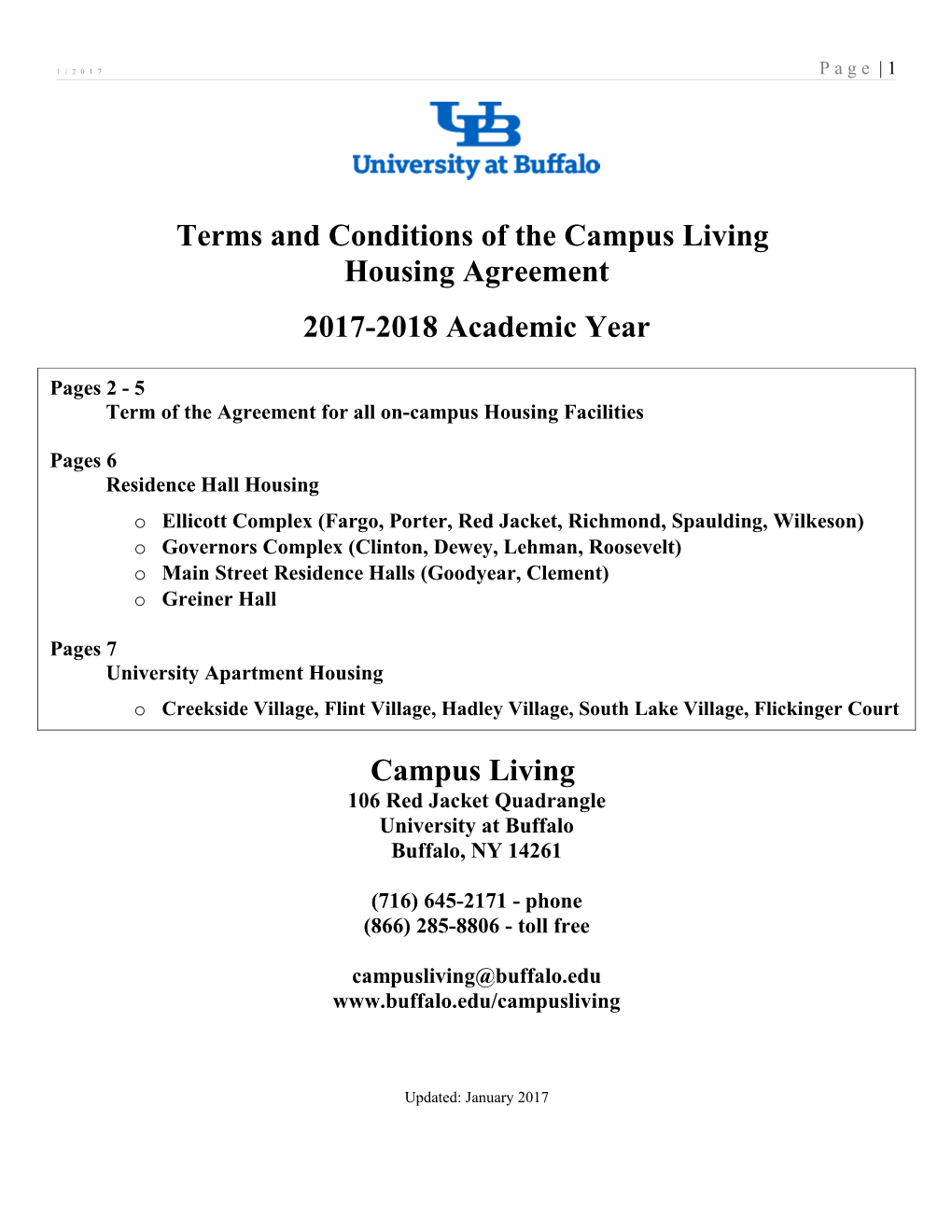 Terms and Conditions of the Campus Living Housing Agreement 2016-17 Academic Year(Word)