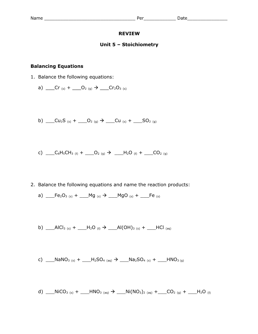 Unit 5 Stoichiometry