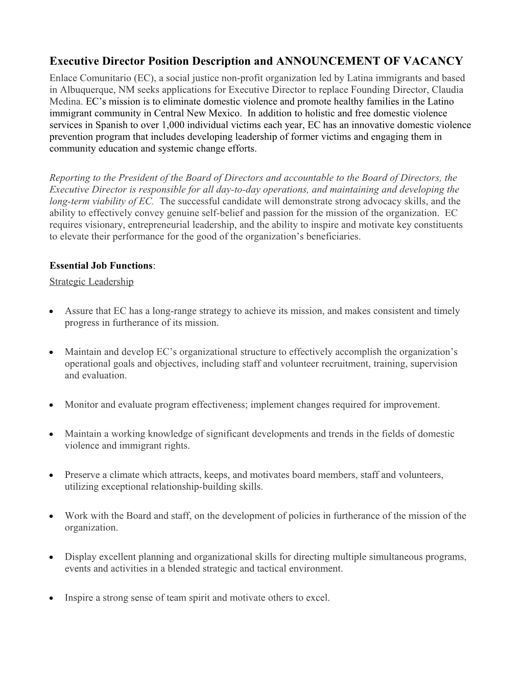 Executive Director Position Description and ANNOUNCEMENT of VACANCY