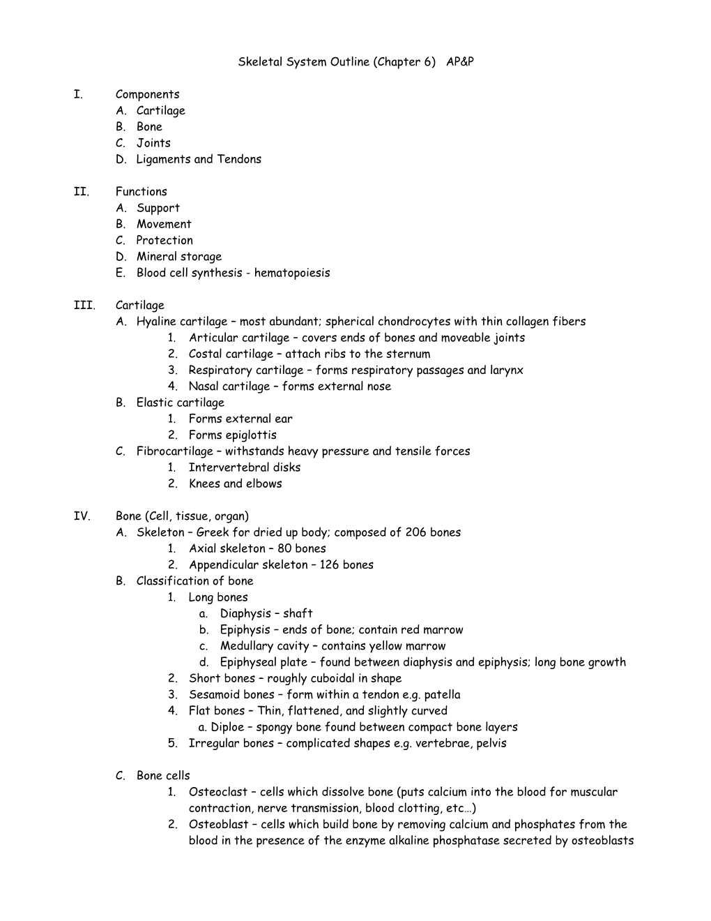 Skeletal System Outline (Chapter 6)