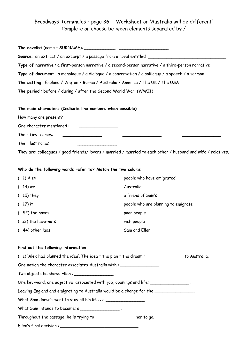 Broadways Terminales Page 36 - Worksheet on Australia Will Be Different