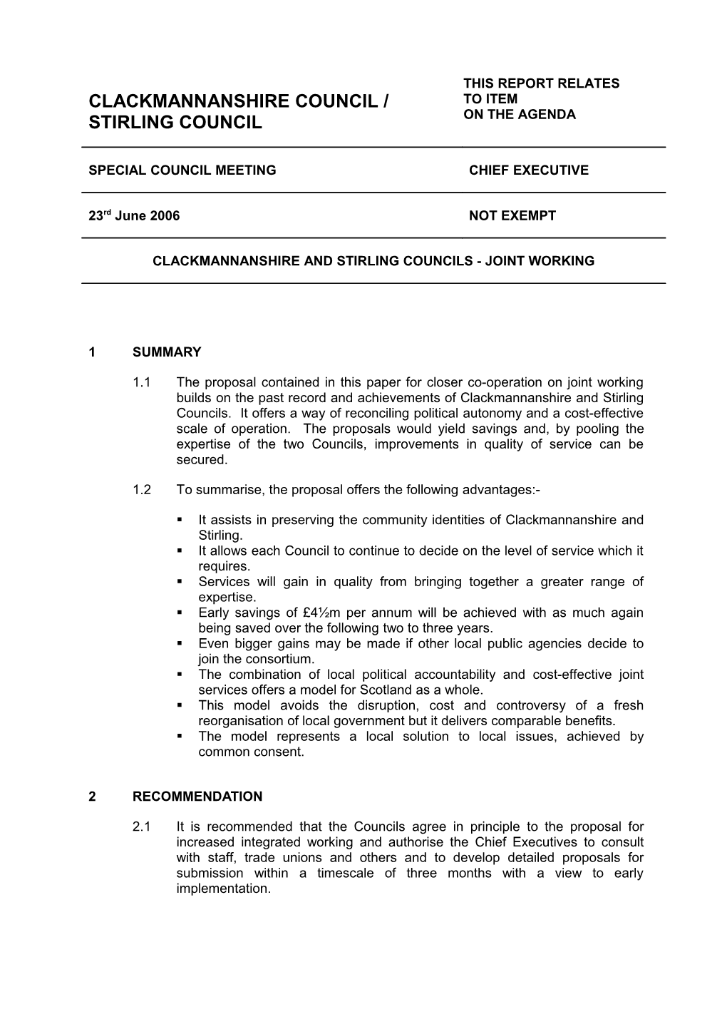 Clackmannanshire and Stirling Councils - Joint Working