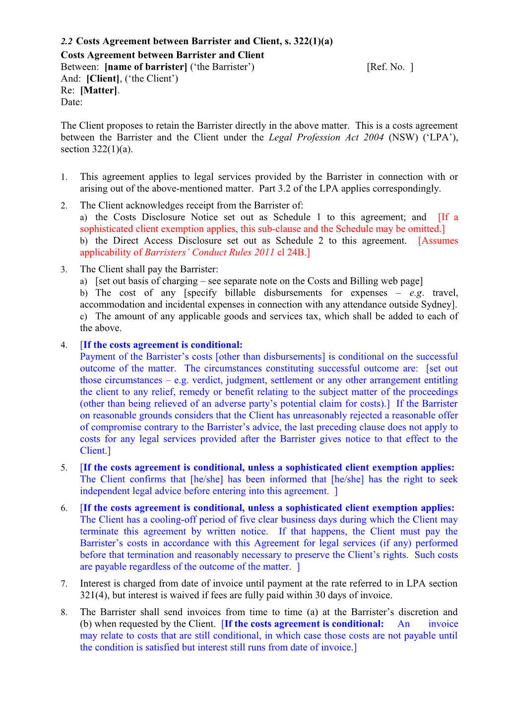 Costs Agreement Between Barrister and Client