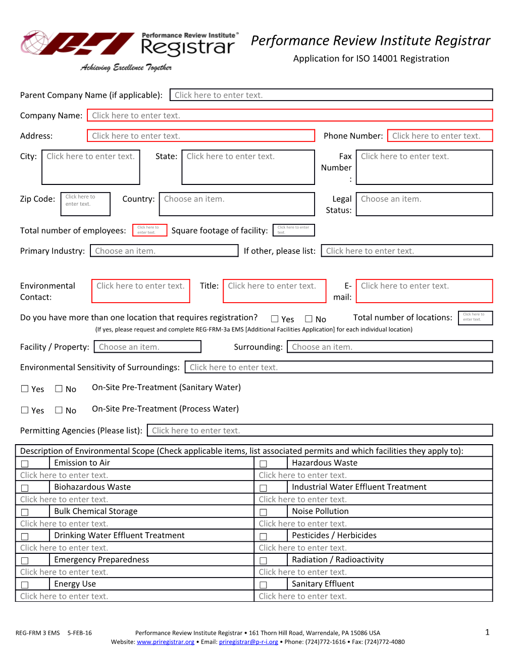 Application for ISO 14001 Registration