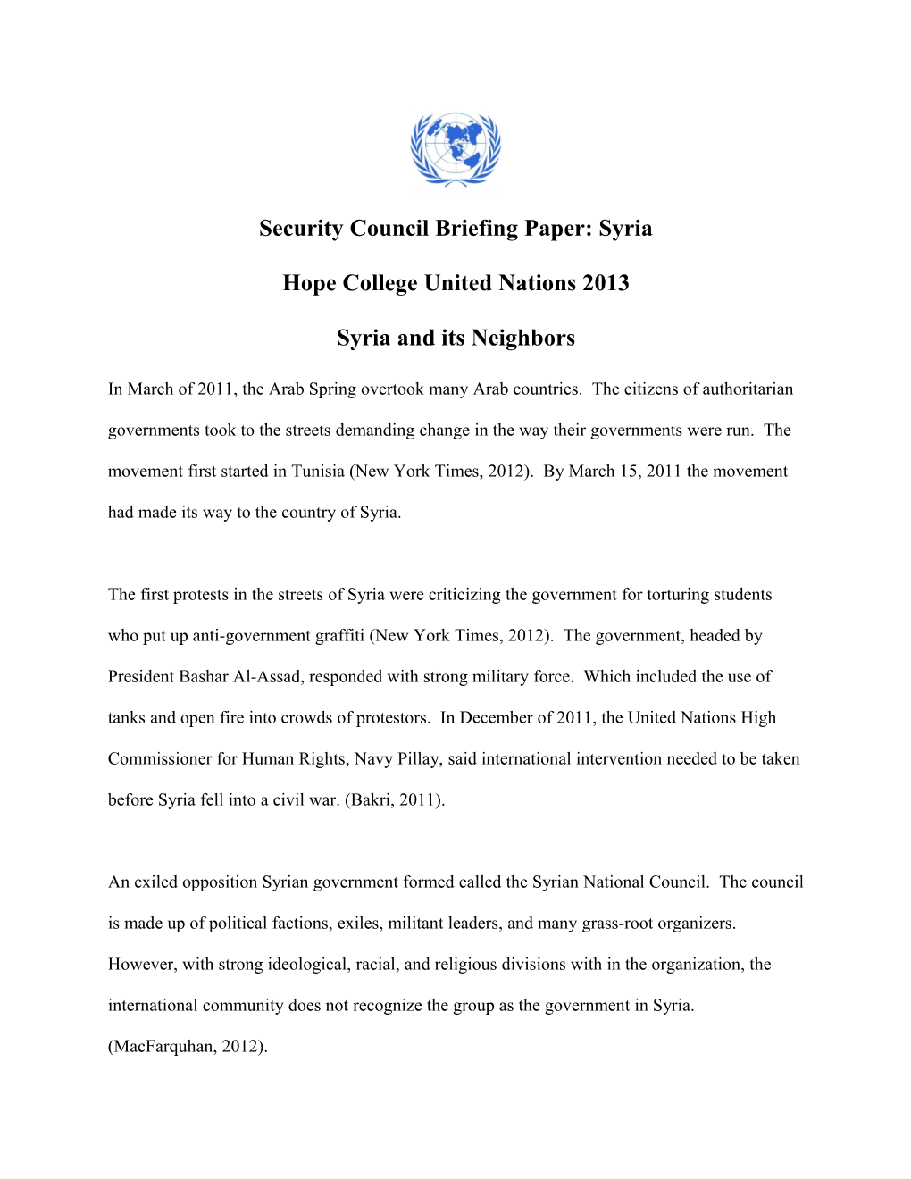 Security Council Briefing Paper: Syria