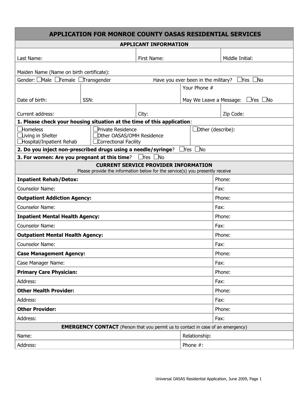 Application for Monroe County Oasas Residential Services