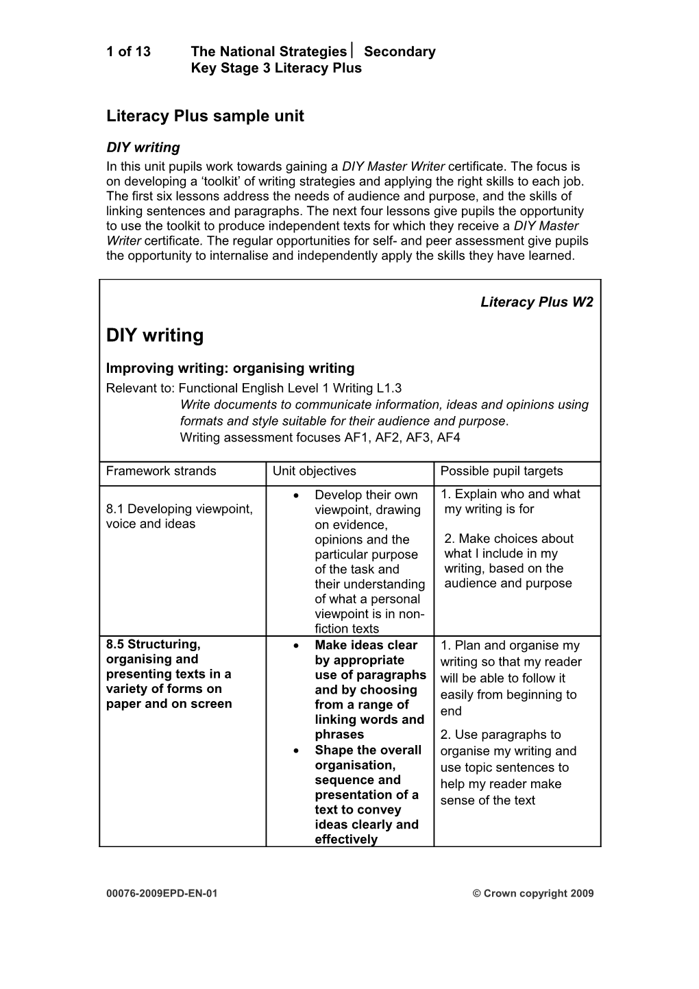 Literacy Plus Sample Unit