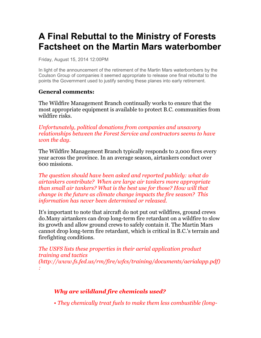 A Final Rebuttal to the Ministry of Forests Factsheet on the Martin Mars Waterbomber