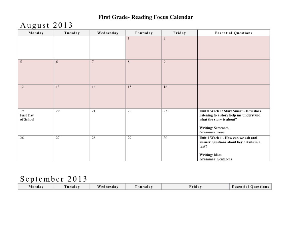 First Grade- Reading Focus Calendar