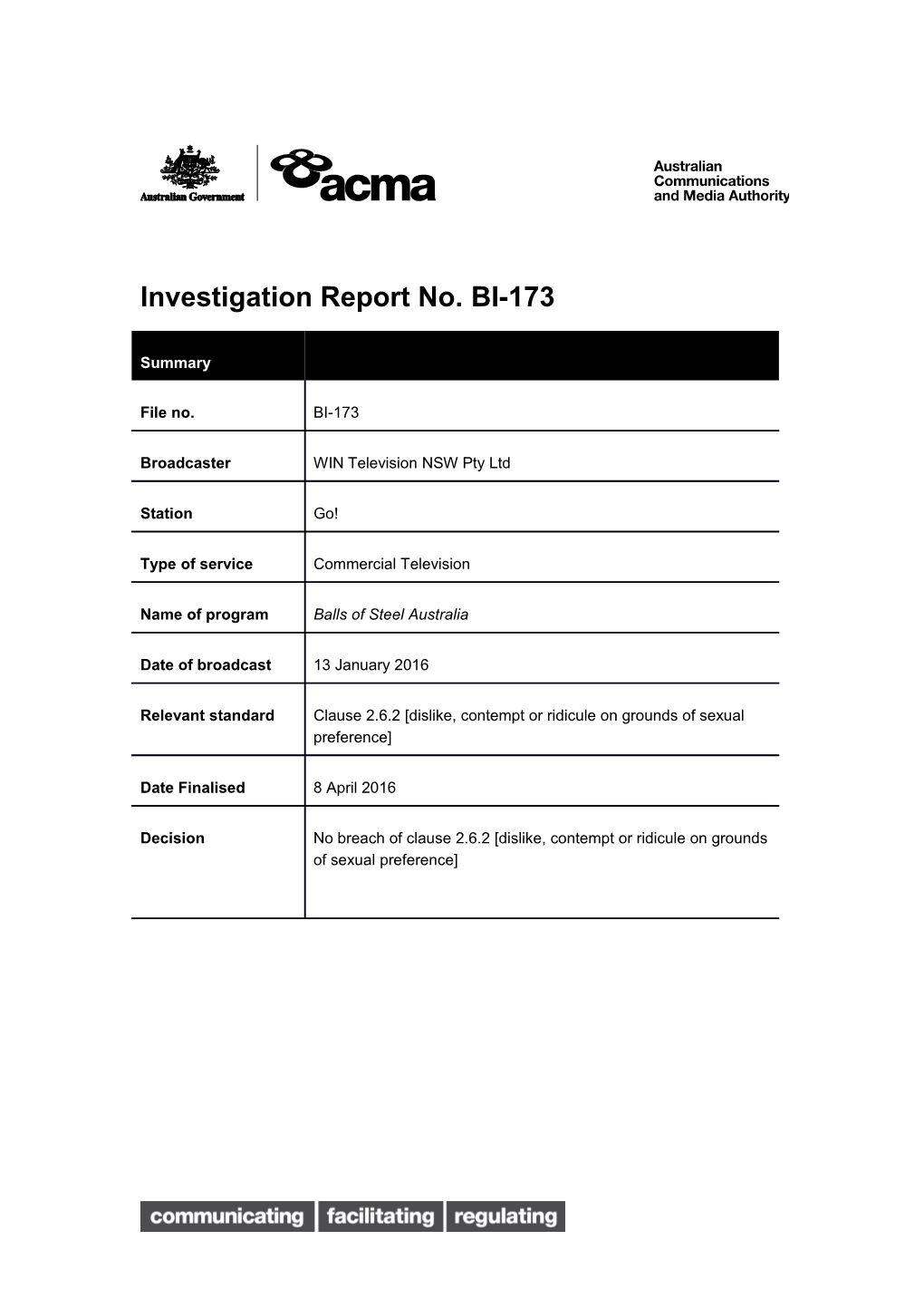 Investigation Report No. BI-173