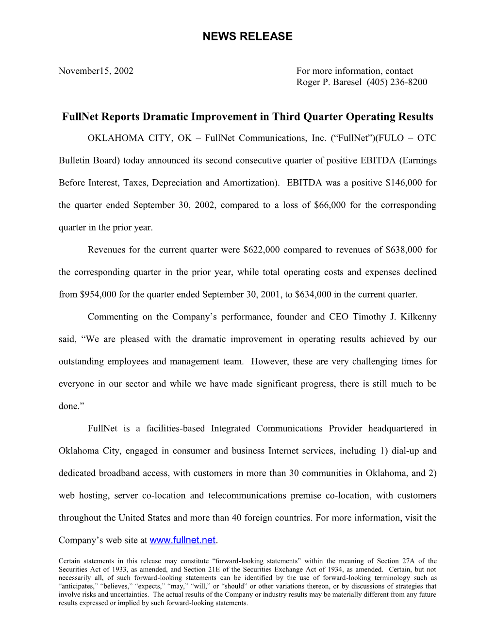 Fullnet Reports Dramatic Improvement in Third Quarter Operating Results
