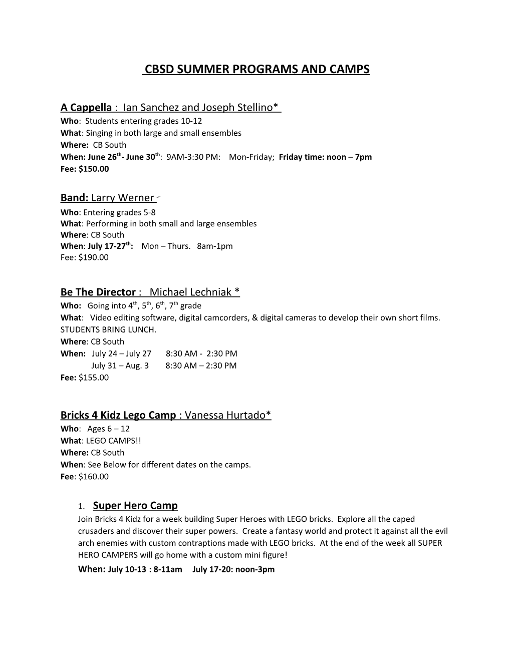 Cbsd Summer Programs and Camps