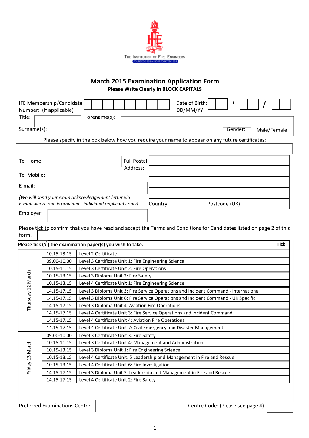 March 2015 Examination Application Form