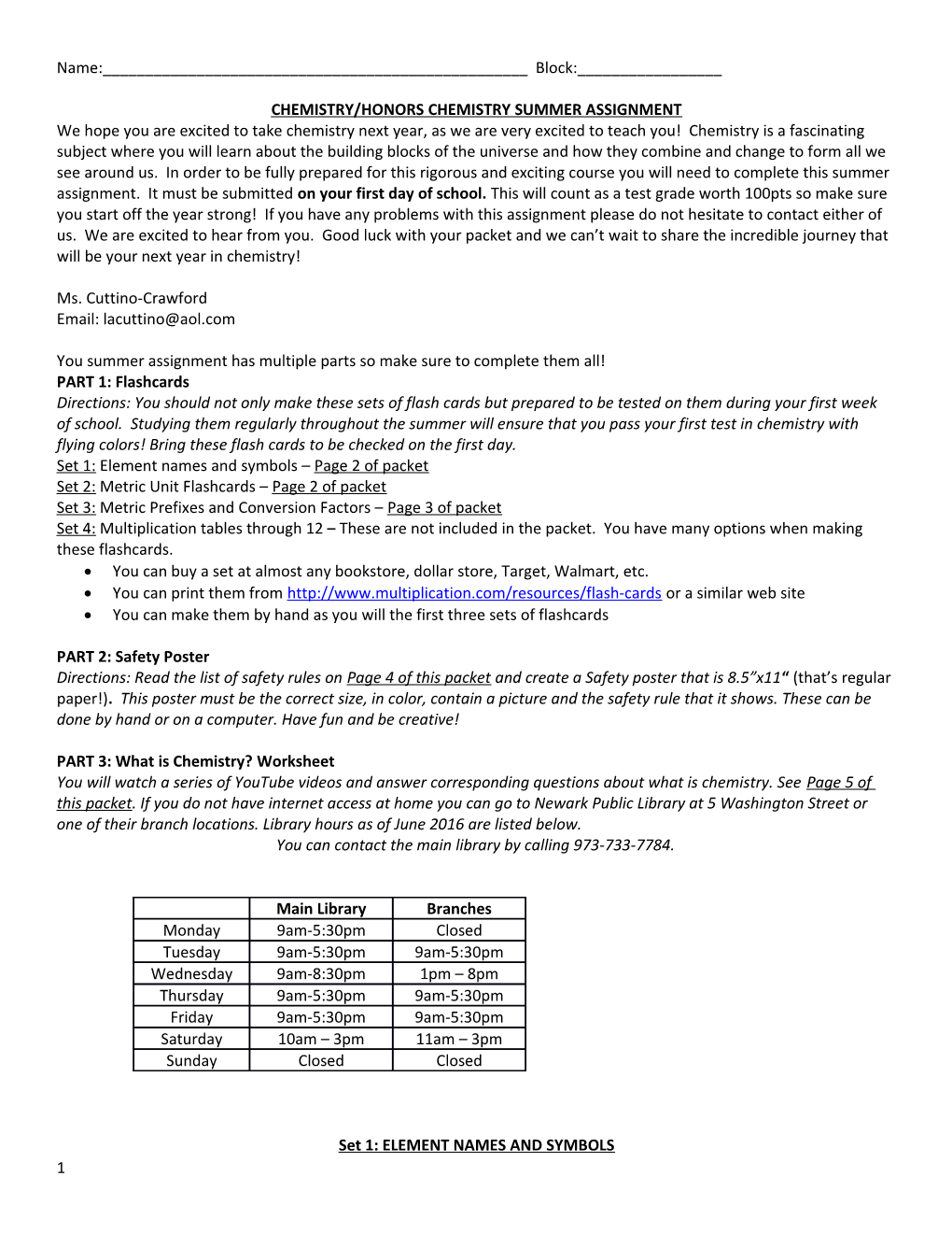 Chemistry/Honors Chemistry Summer Assignment