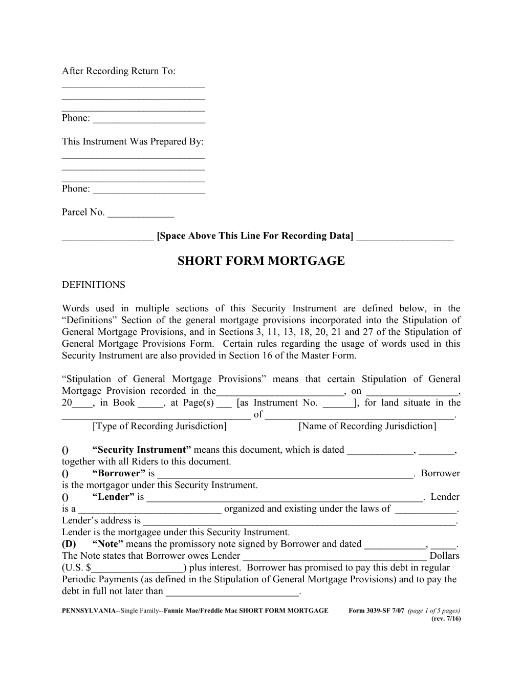 Pennsylvania Security Instrument (Form 3039Sf)