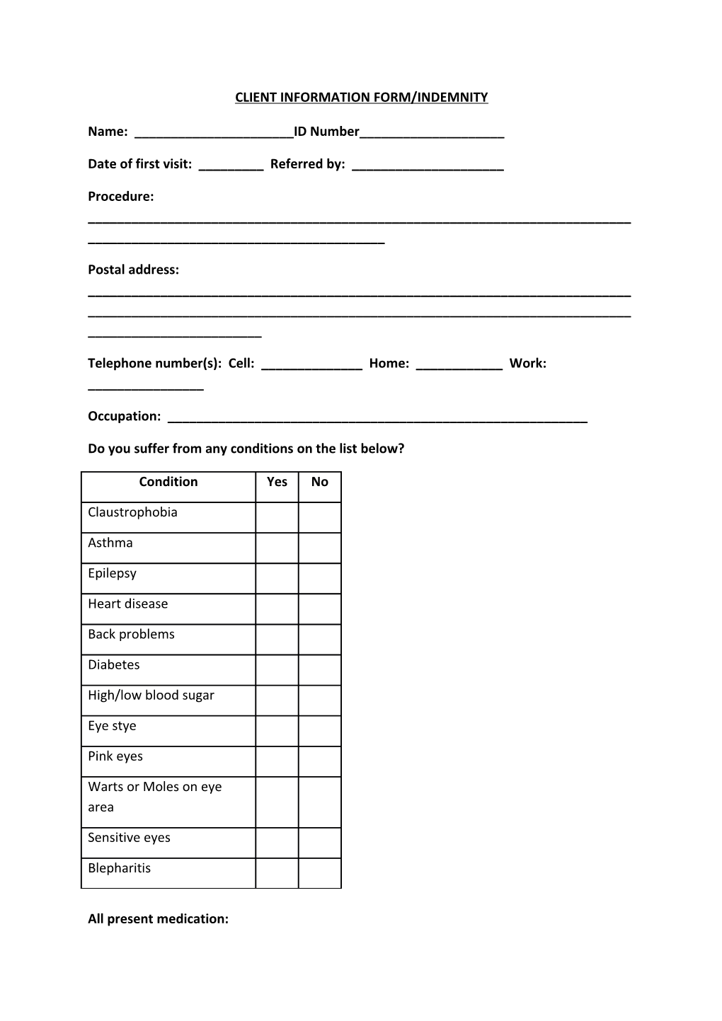 Client Information Form/Indemnity