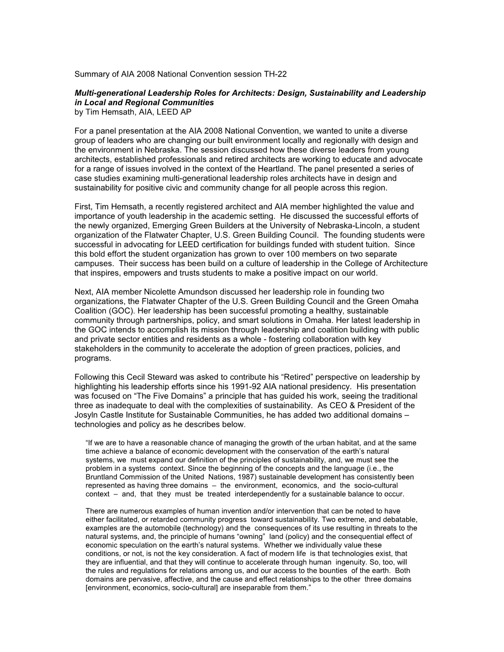 AIA Nebraska Members to Present a 90-Minute Seminar, TH-22, Thursday, May 15, 2008, 2:00 P