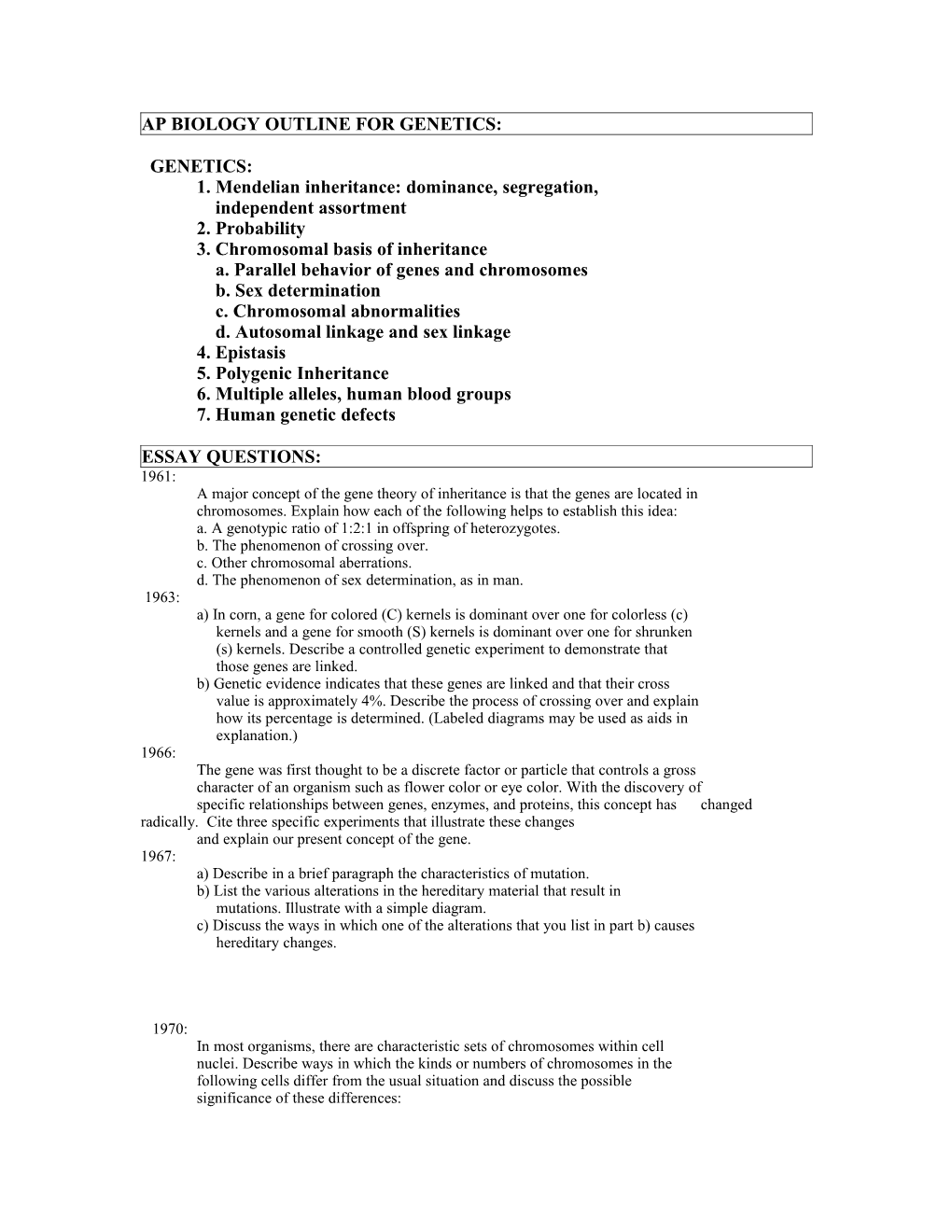 Ap Biology Outline for Genetics