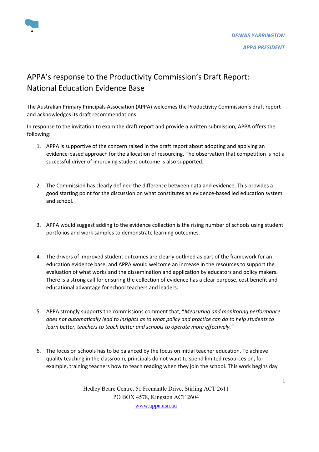 Submission DR89 - Australian Primary Principals Association (APPA) - Education Evidence