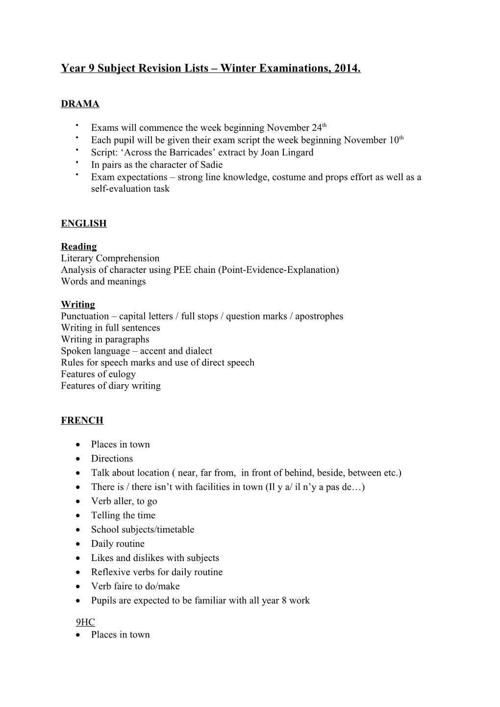 Year 9 Subject Revision Lists Winter Examinations, 2014