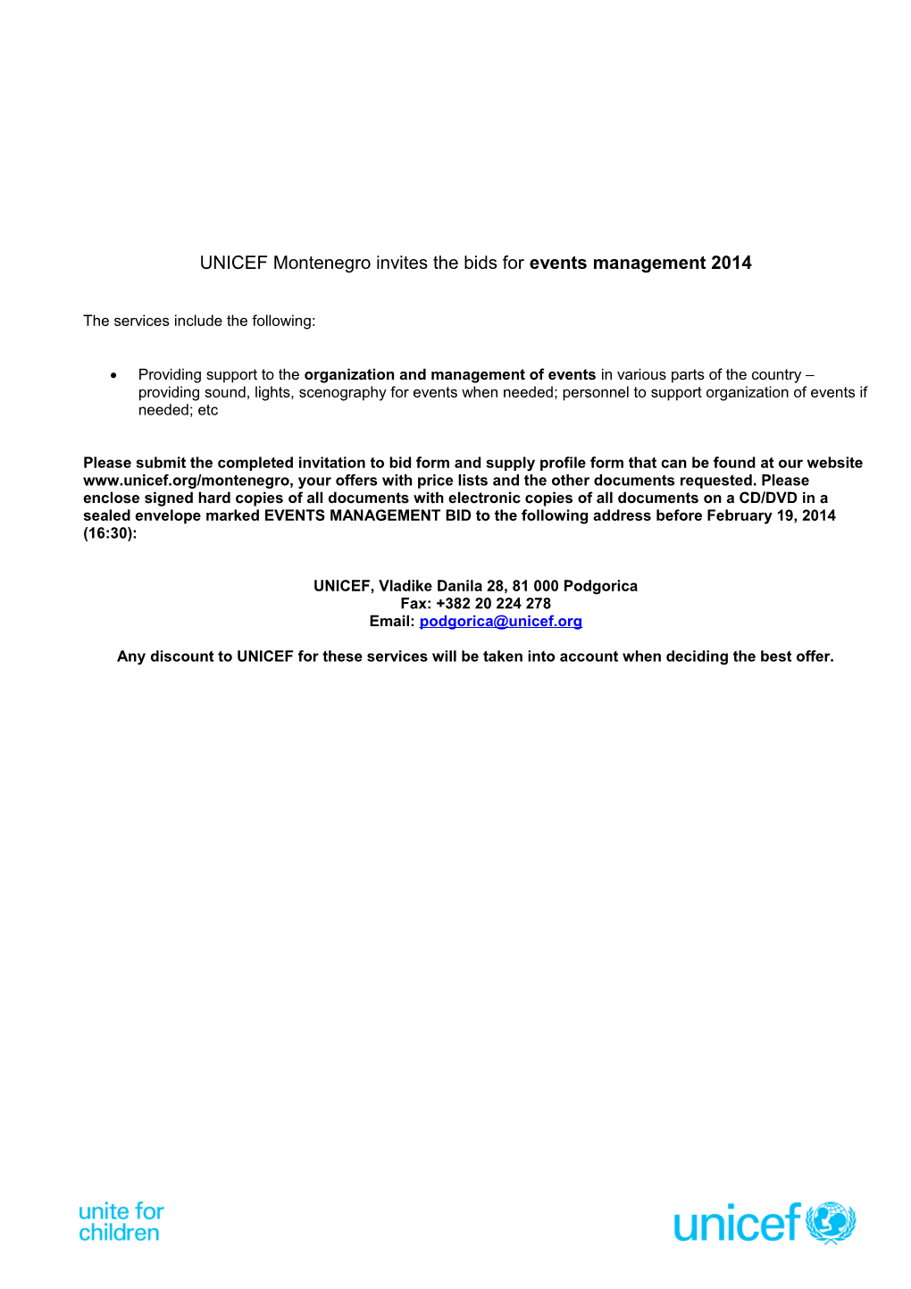 UNICEF Montenegro Invites the Bids for Events Management 2014