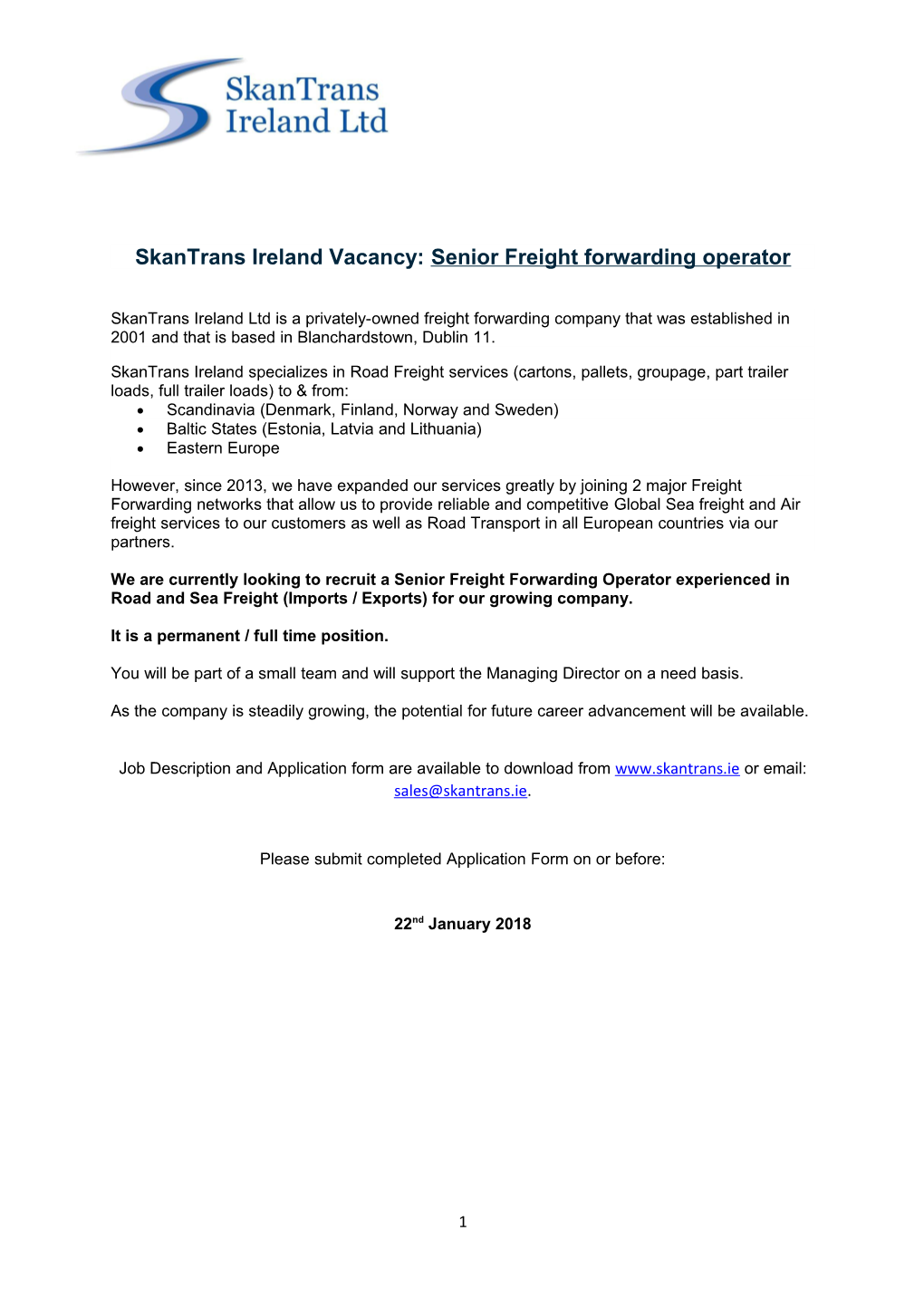 Skantrans Ireland Vacancy: Senior Freightforwardingoperator