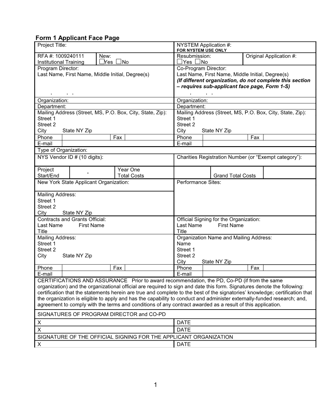 Form 1 Applicant Face Page
