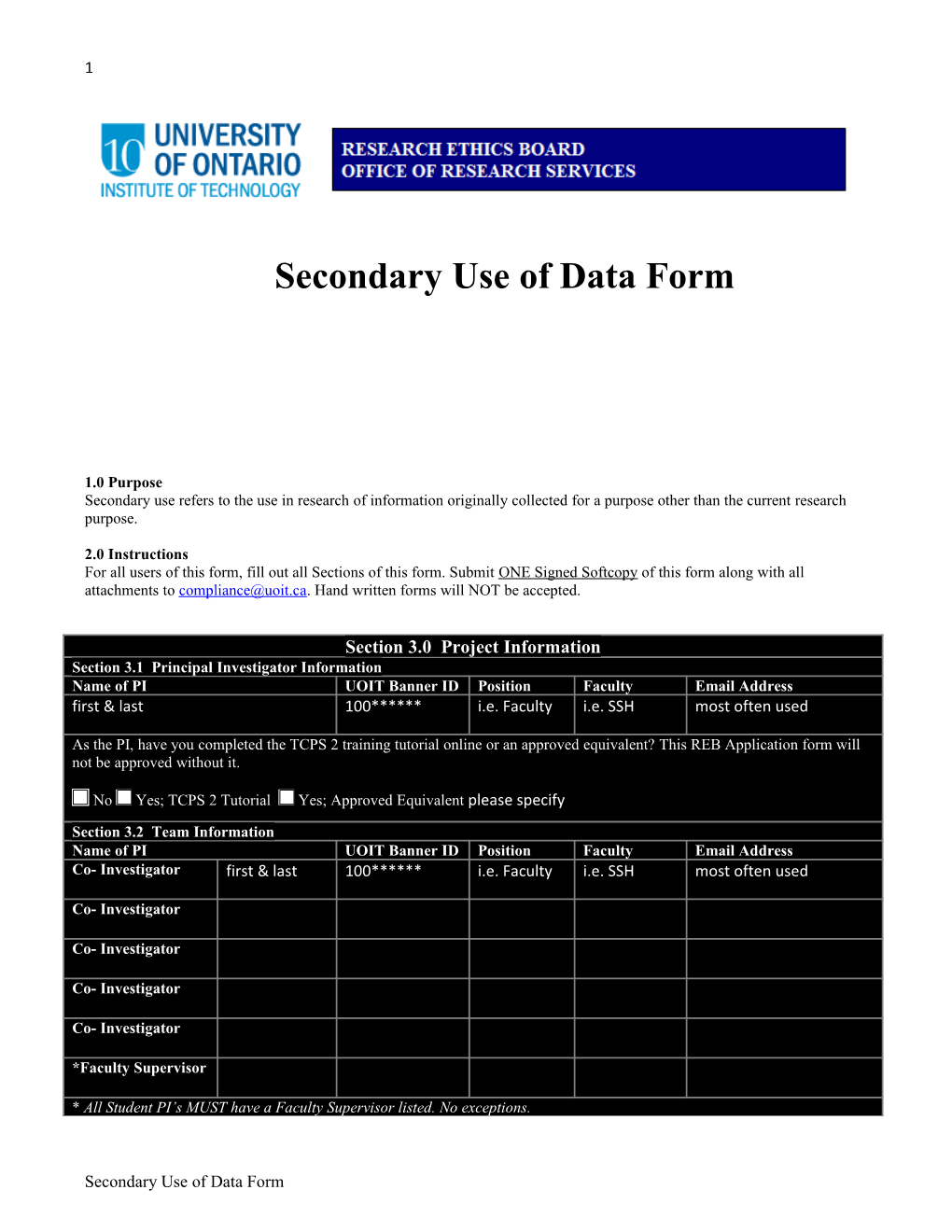 Secondary Use of Data Form