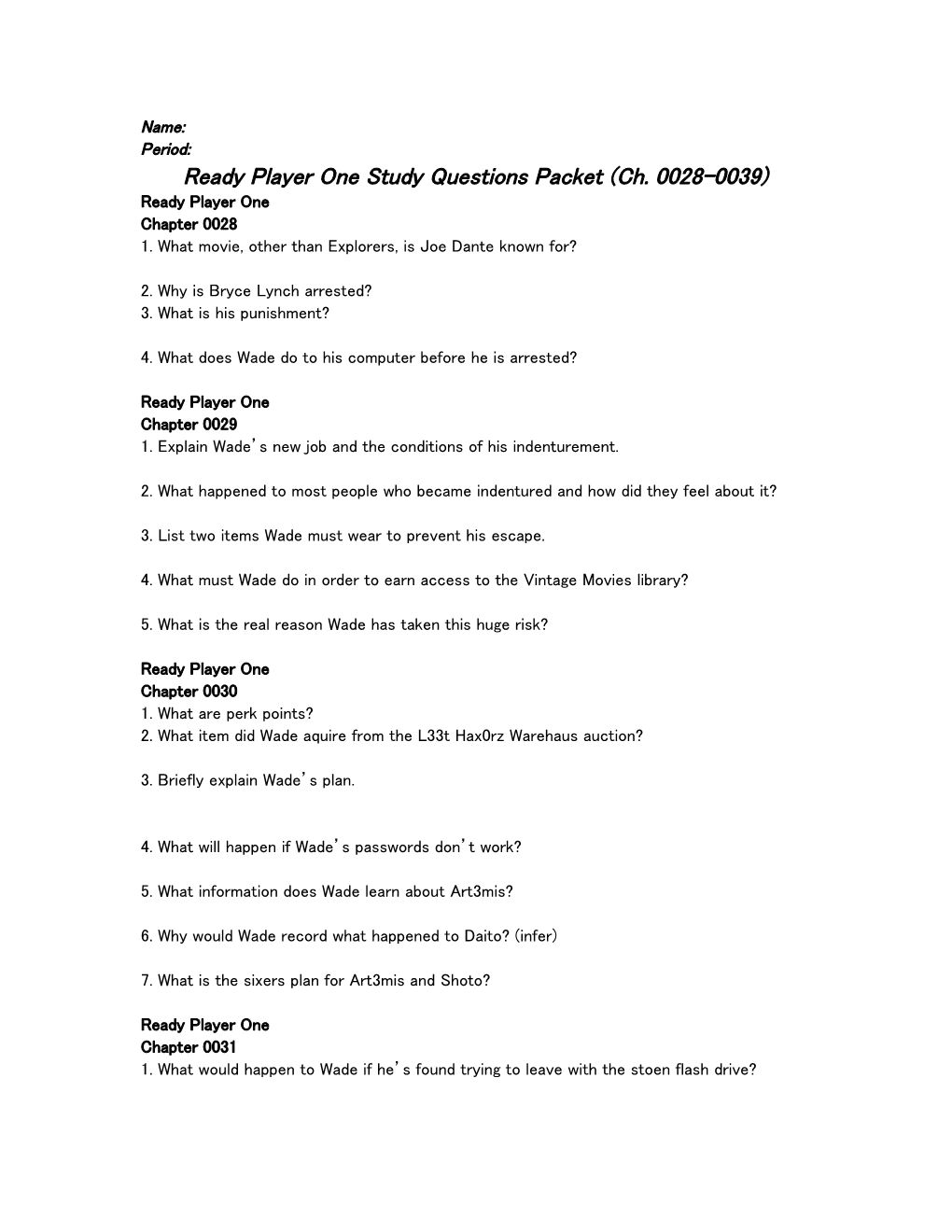 Ready Player One Study Questions Packet (Ch. 0028-0039)