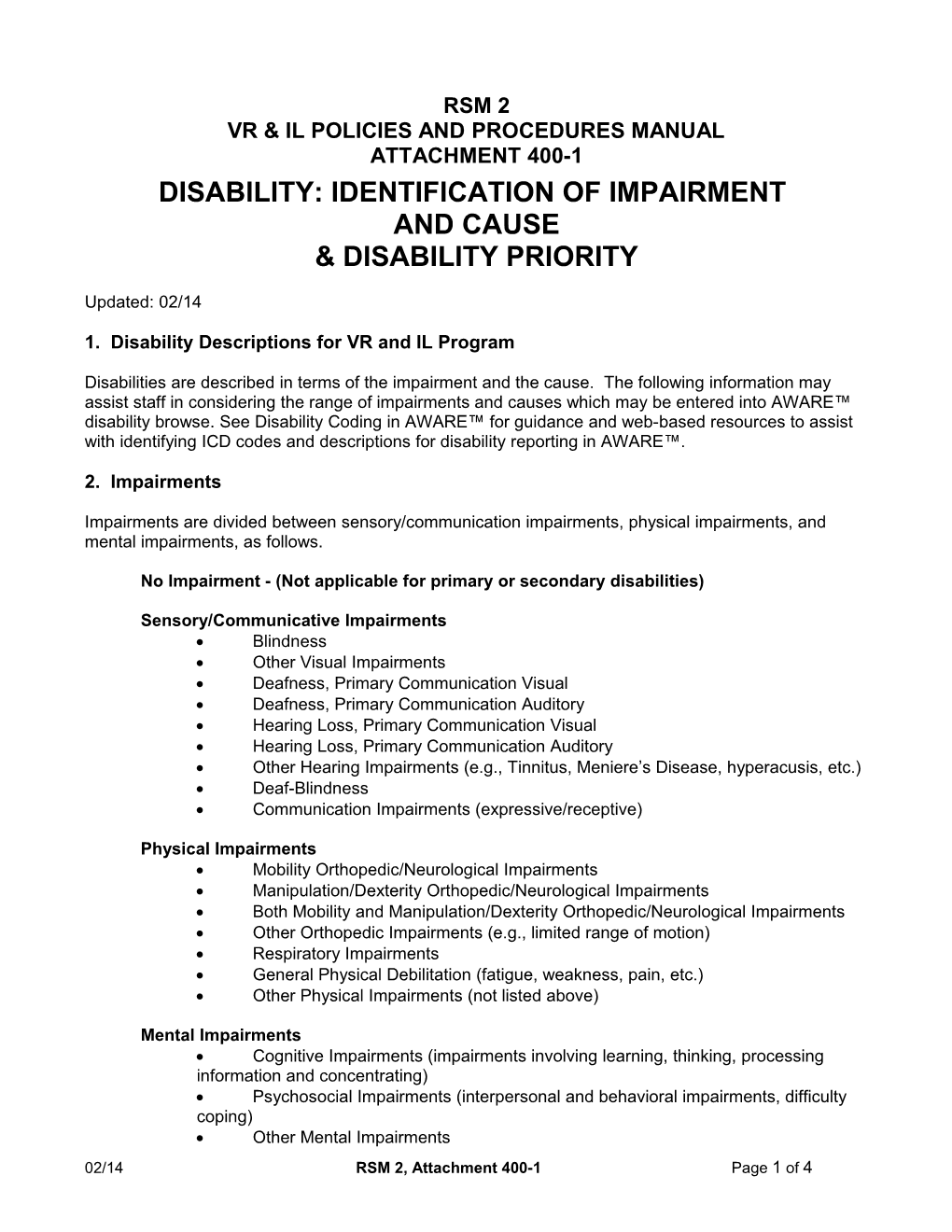 RSM 2, Attachment 400-1: Disability: Identification of Impairment & Cause