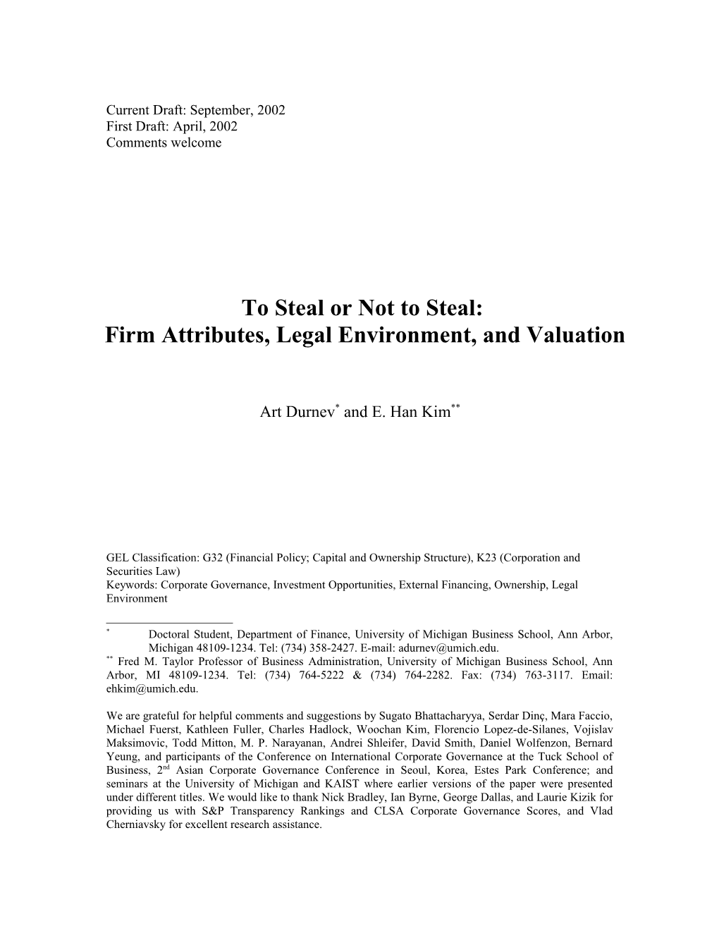 Firm Attributes, Legal Environment, and Valuation