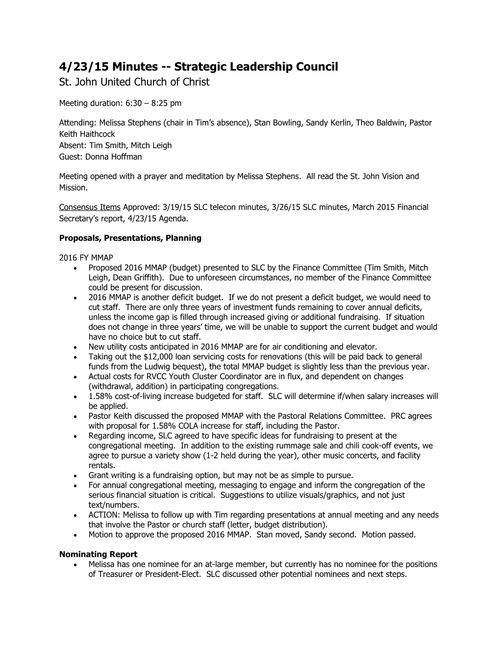 4/23/15 Minutes Strategic Leadership Council St. John United Church of Christ