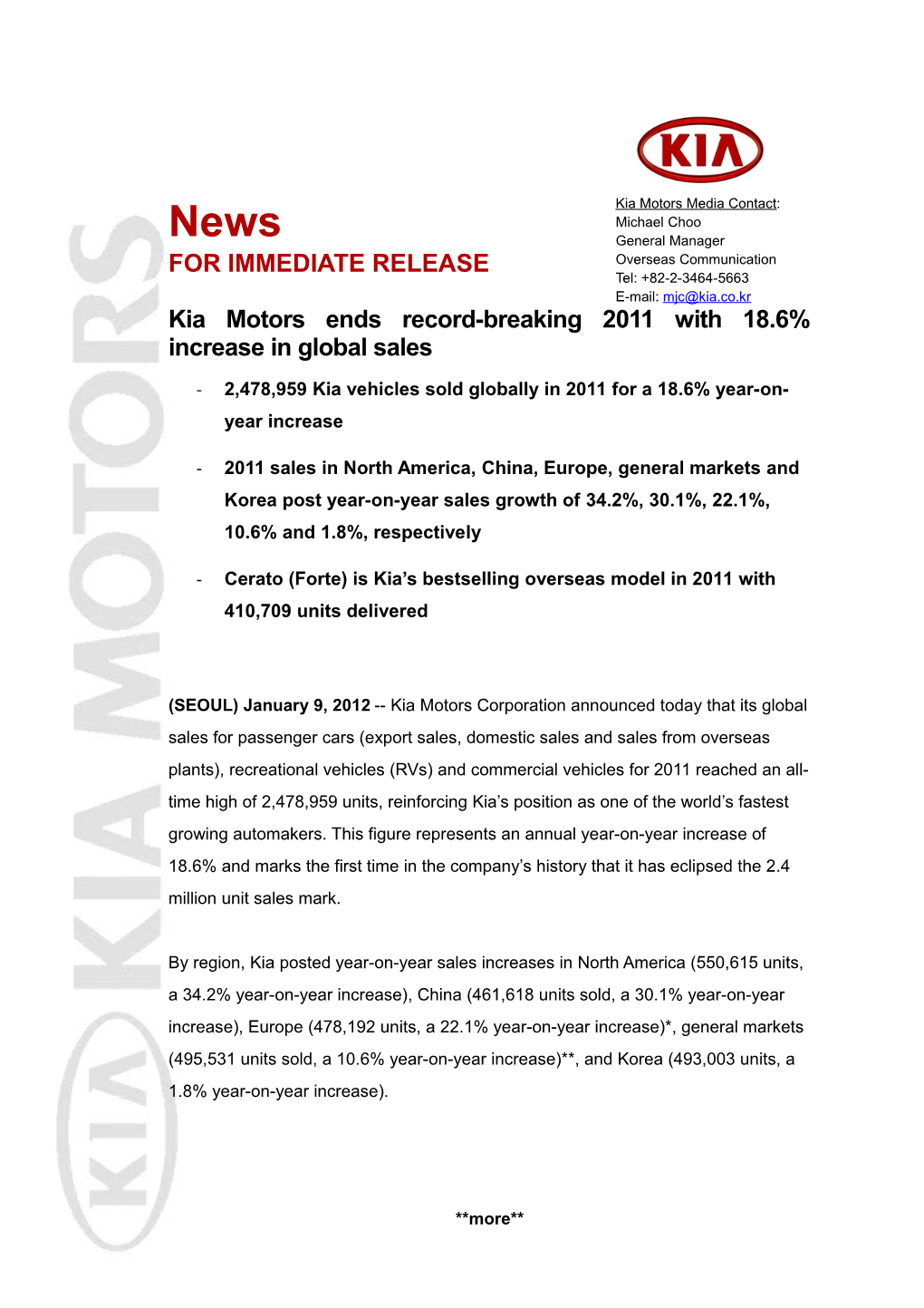 Kia Motors Endsrecord-Breaking 2011 with 18.6% Increase in Global Sales