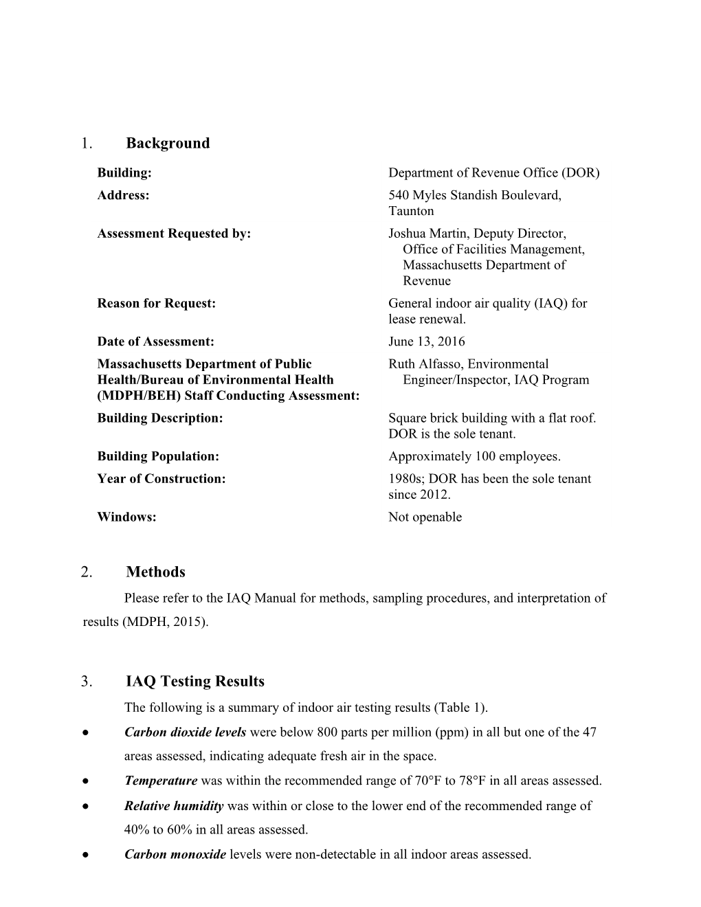 Indoor Air Quality Assessment - Taunton DOR Office - July 2016