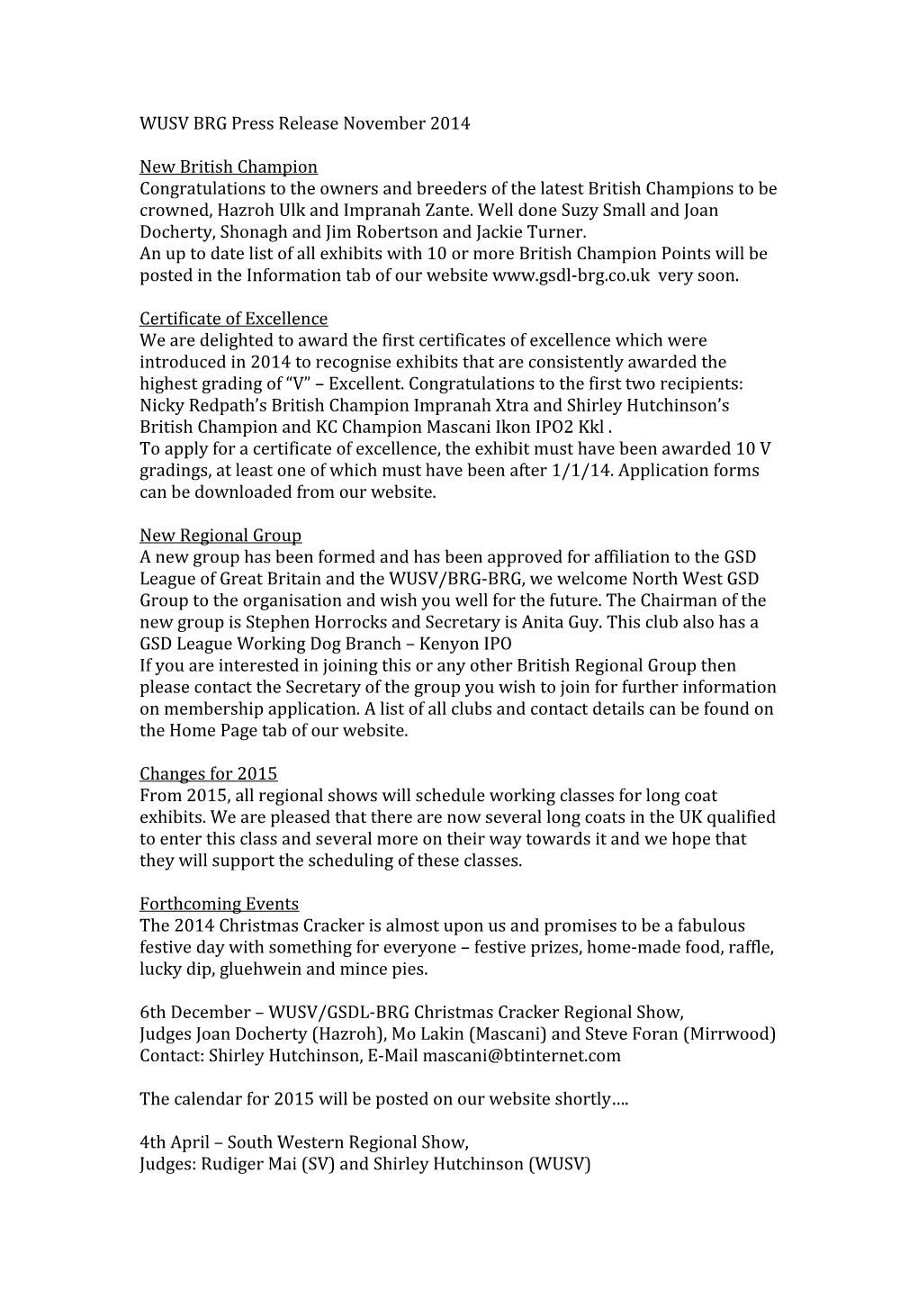 WUSV BRG Press Release November 2014