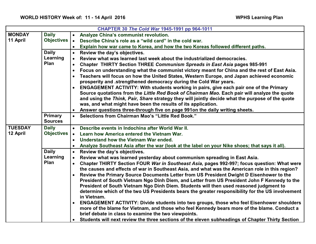 World Historyweek Of: 11 - 14April 2016WPHS Learning Plan