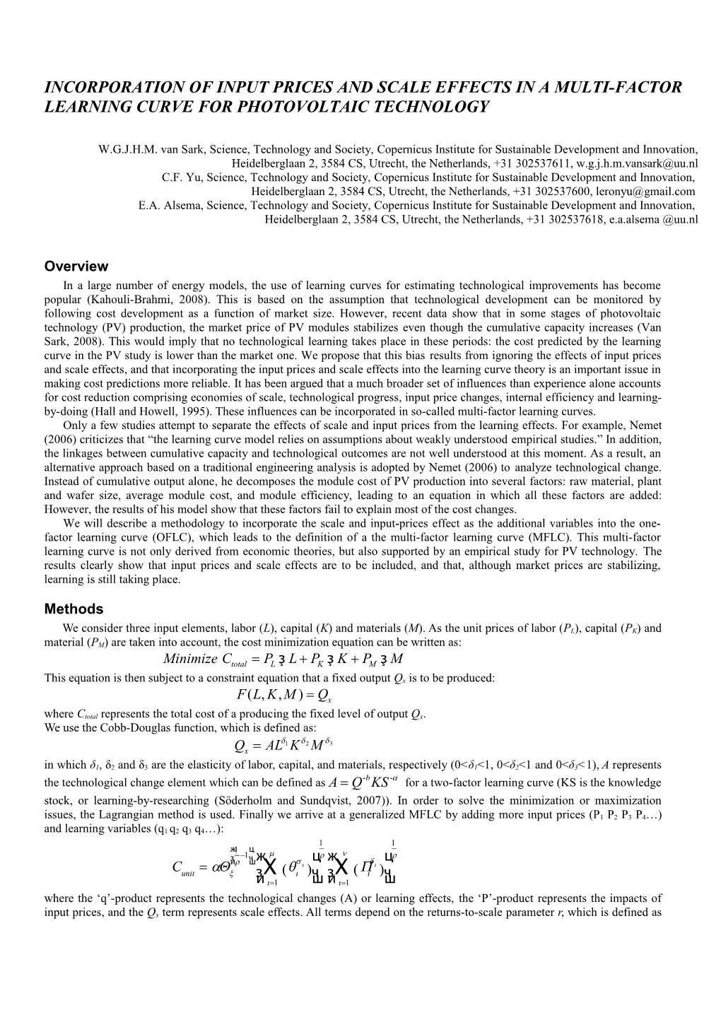 Incorporation of Input Prices and Scale Effects in a Multi-Factor Learning Curve For