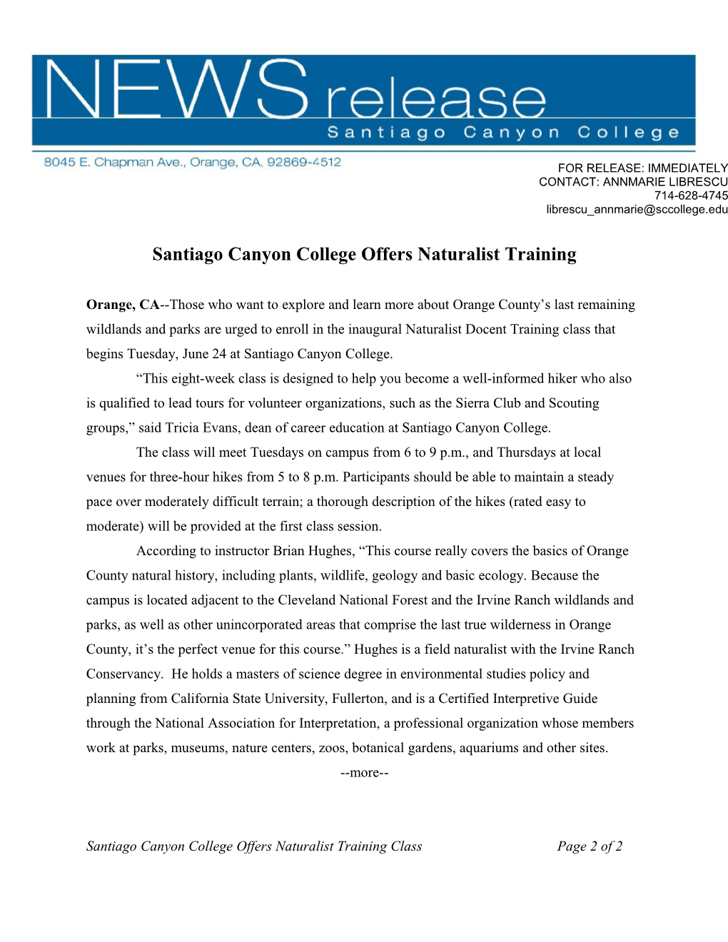 Santiago Canyon College Offers Naturalist Training