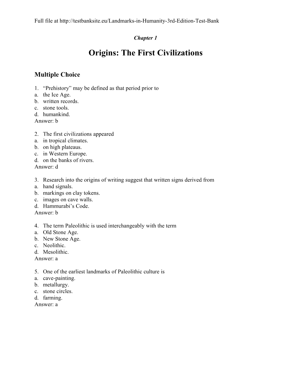 Chapter 1 ORIGINS: the First Civilizations