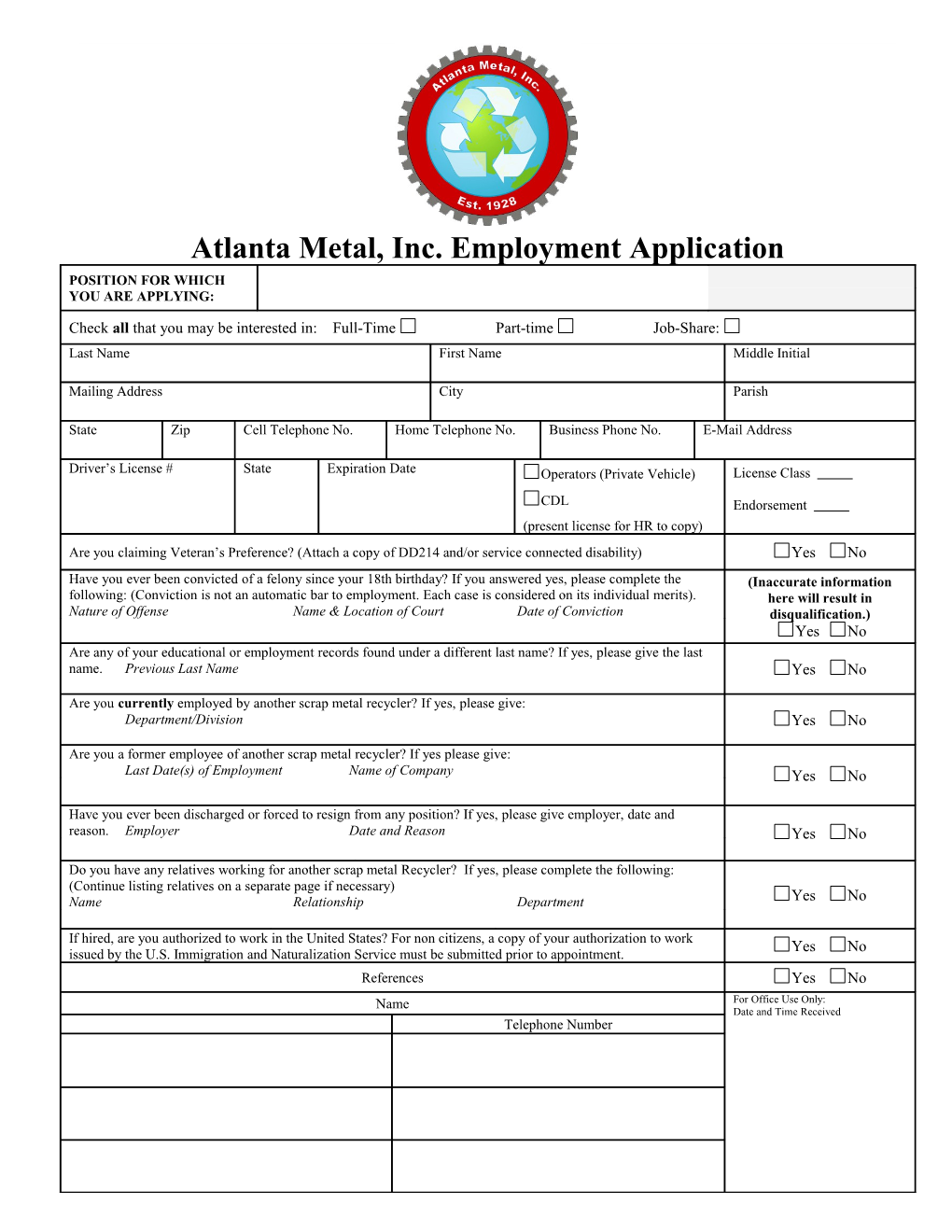 Atlanta Metal Inc Employment Application