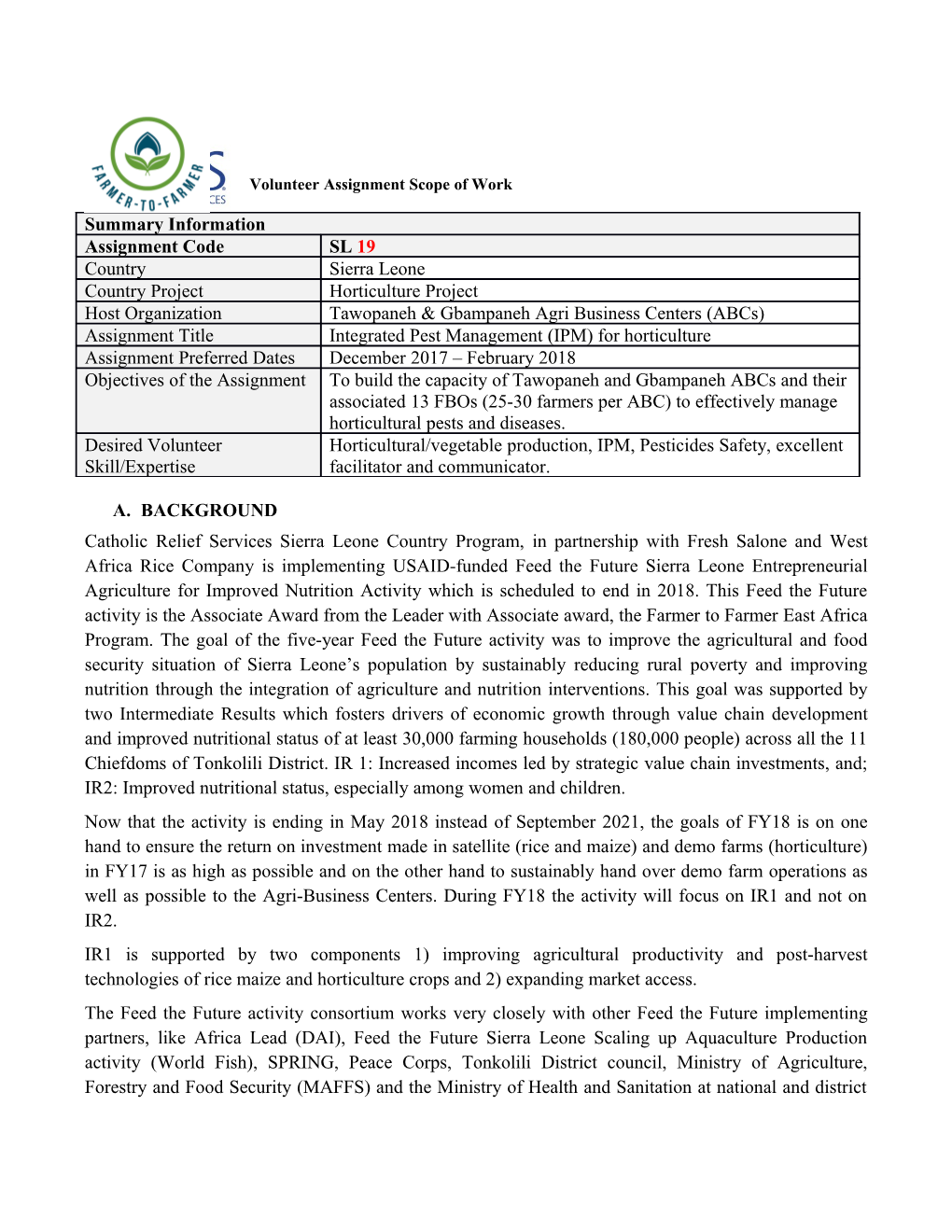 Volunteer Assignment Scope of Work