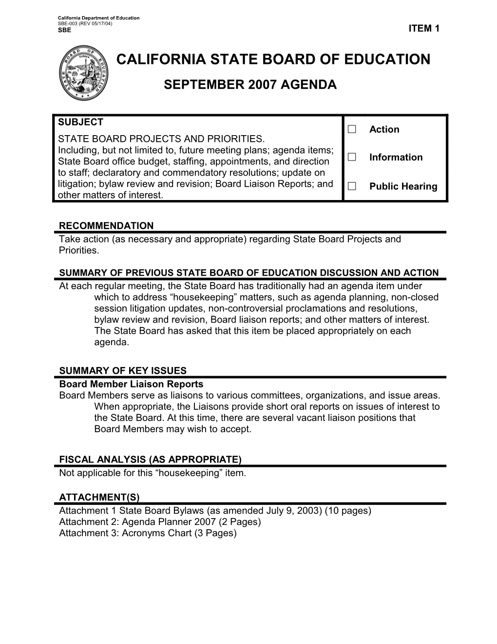 September 2007 Agenda Item 1 - Meeting Agendas (CA State Board of Education)