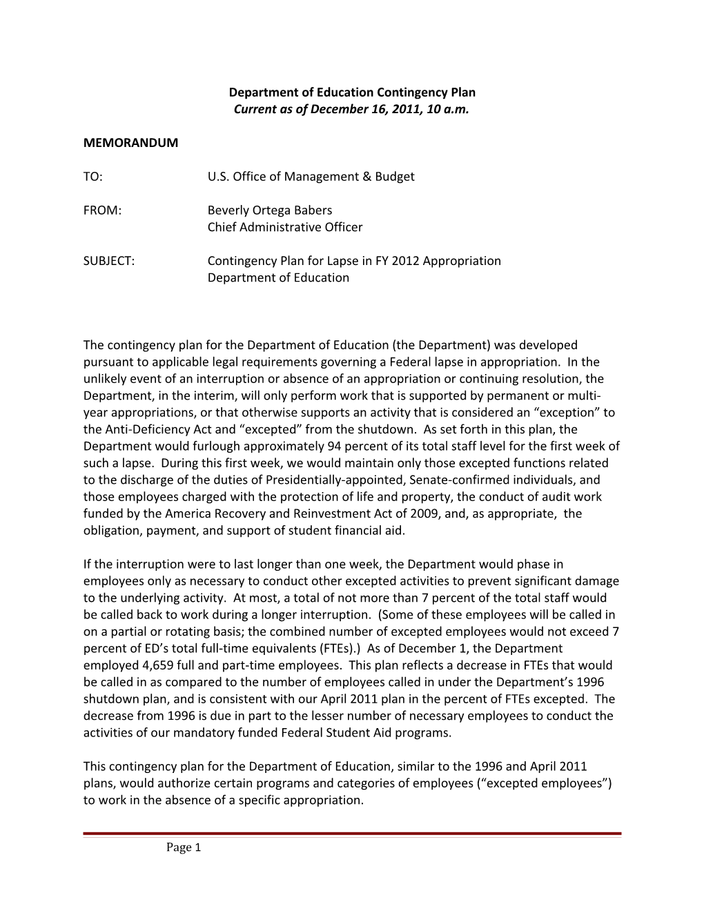 Contingency Plan for Lapse in FY 2012 Appropriation Department of Education December 16