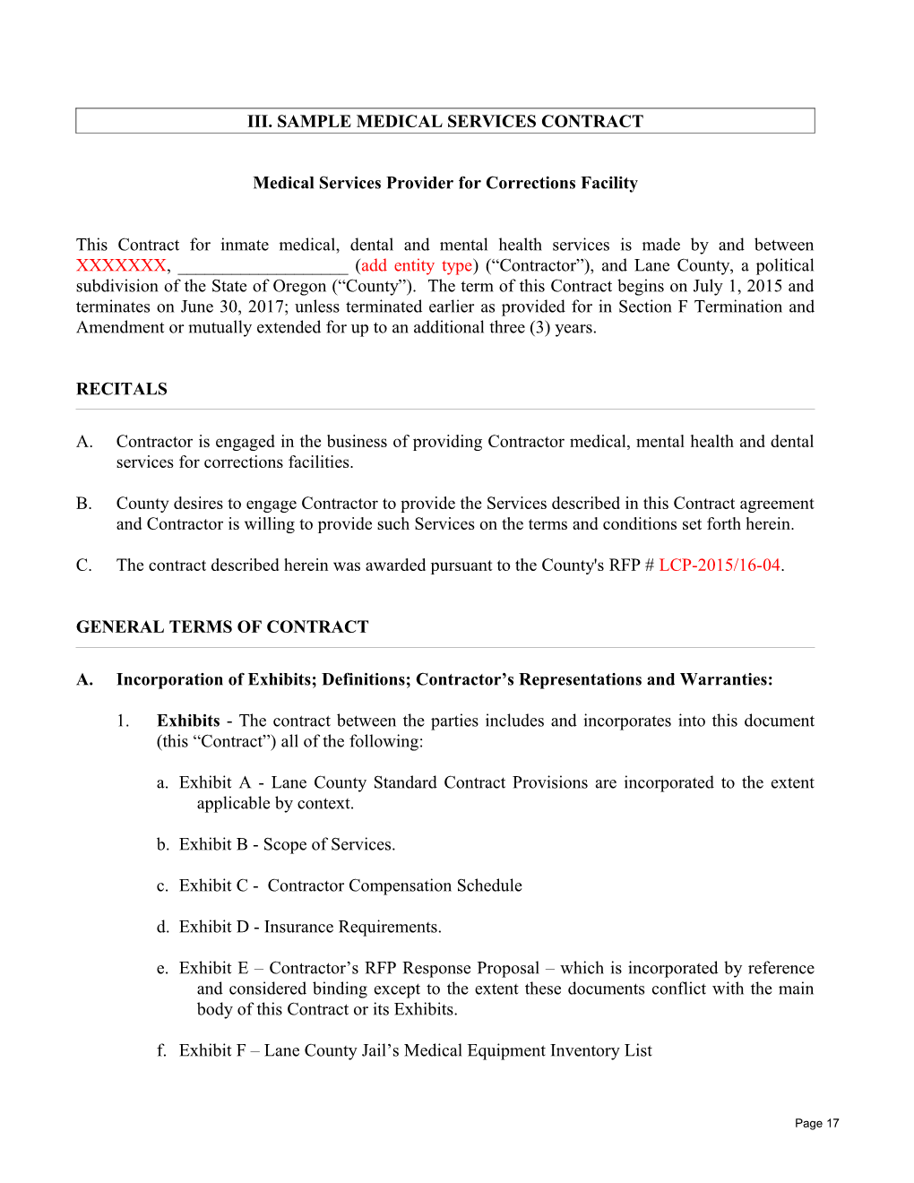 Iii. Sample Medical Services Contract