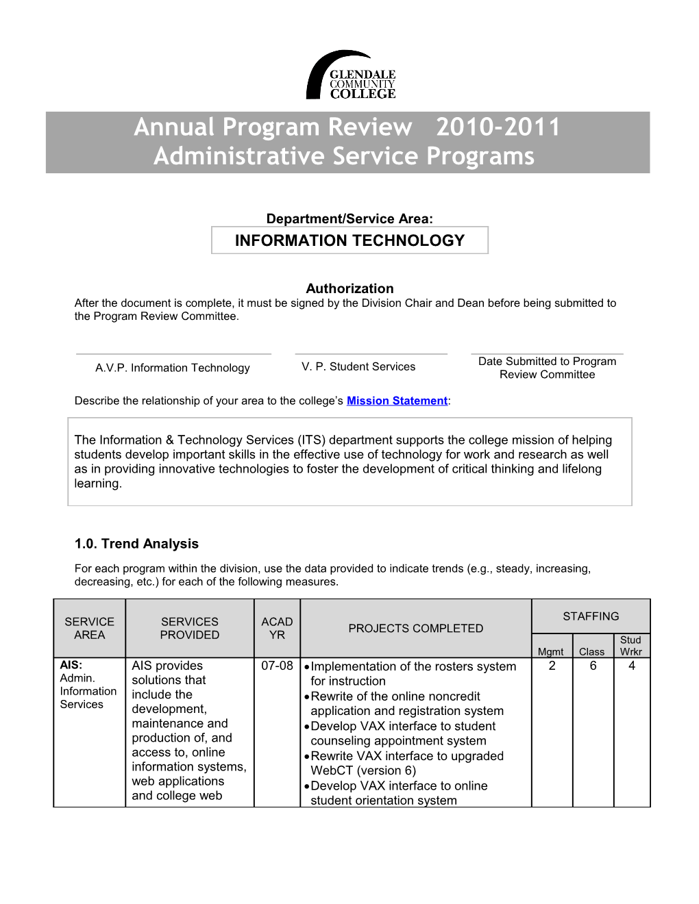 Annual Program Review, Fall Report, Instructional Programs, 2010-2011